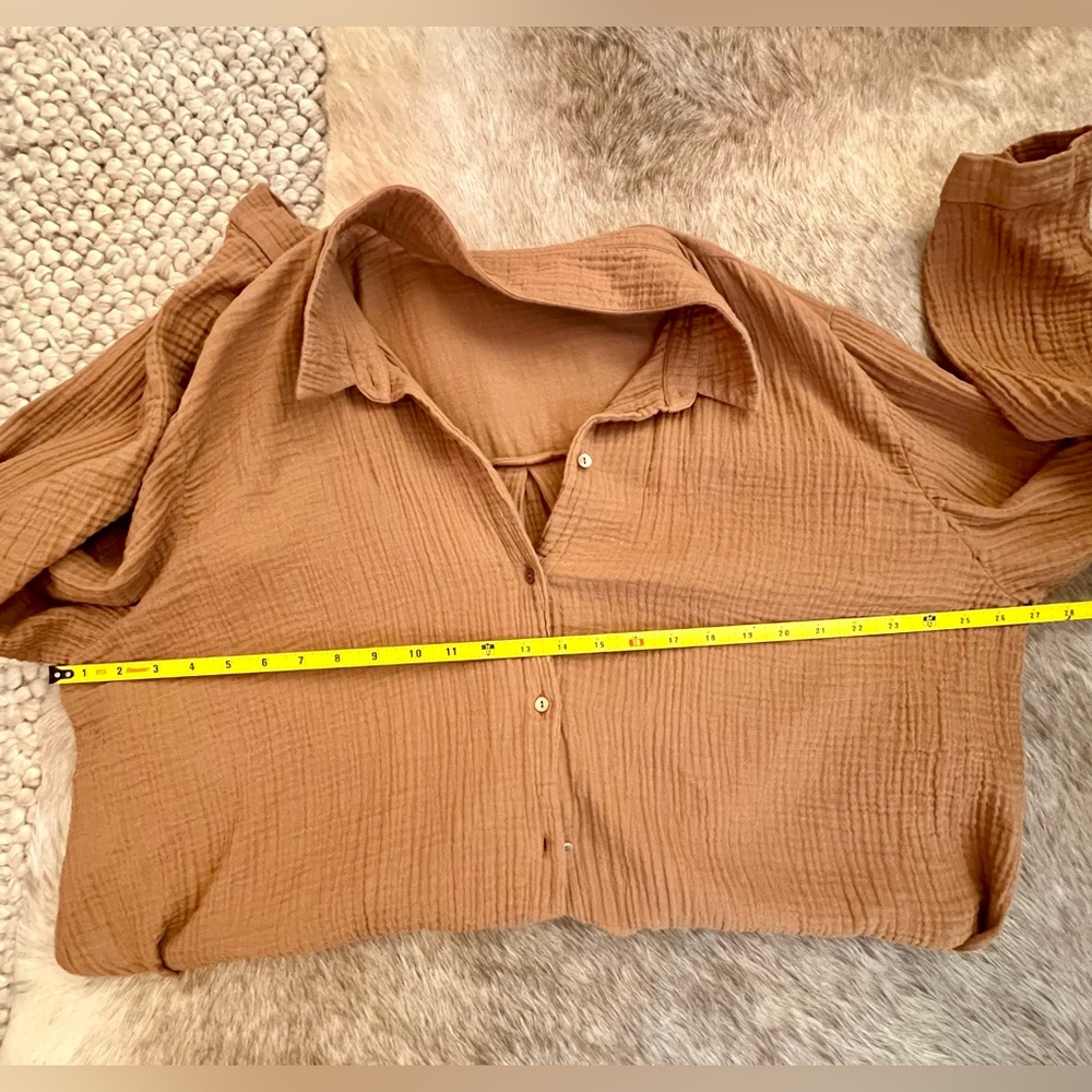 Eileen Fisher Cotton Gauze Button-Down Shirt in Caramel - Picture 4 of 7